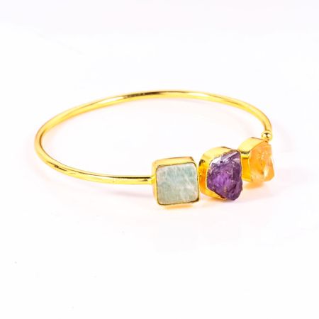 Handmade Bracelet for Women with Raw Amazonite Amethyst and Citrine Gemstones and 22k Gold Plating